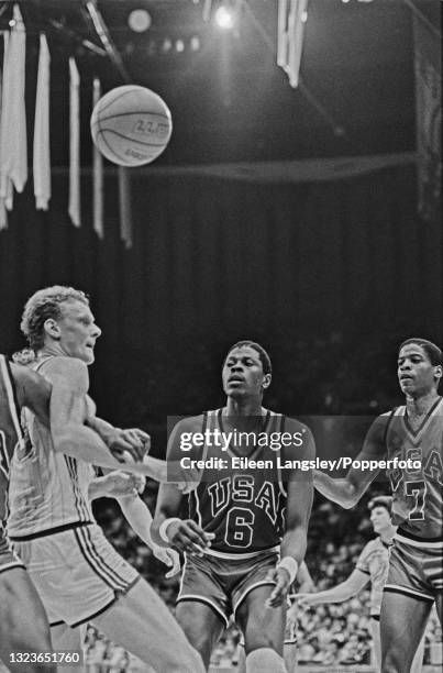 American basketball players Patrick Ewing and Vern Fleming in action for the United States team in their quarterfinal game against West Germany...