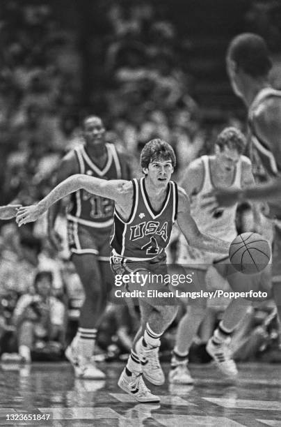 American basketball player Steve Alford in action for the United States team in their quarterfinal game against West Germany at the 1984 Summer...