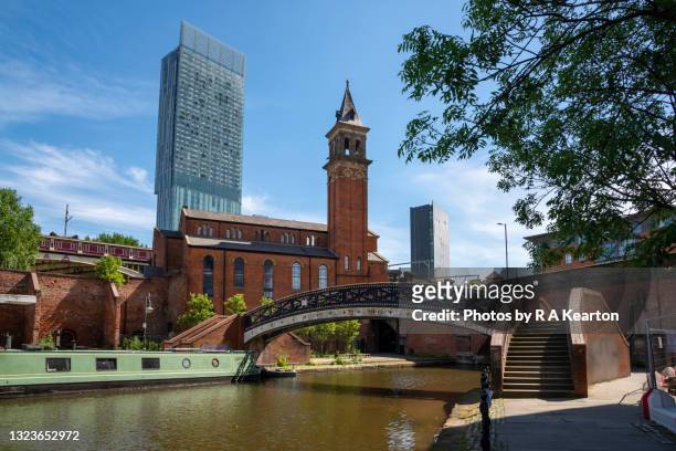 beetham tower from castlefield basin, manchester, england - manchester england stock pictures, royalty-free photos & images