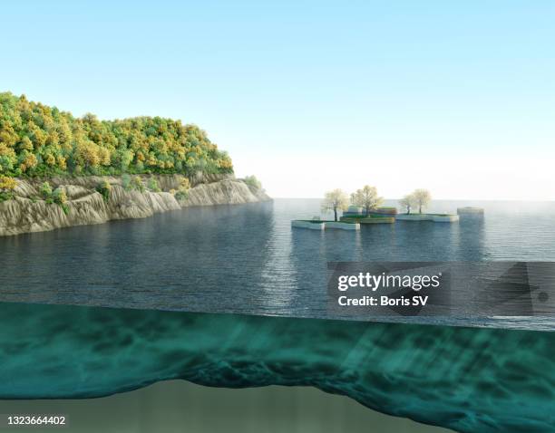 cross section of lake with floating artifical islands - cross section stock-fotos und bilder
