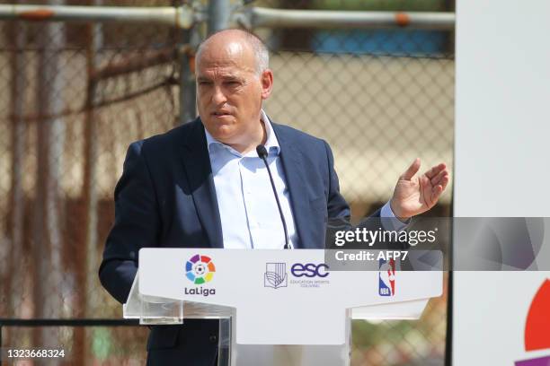 Javier Tebas, President of La Liga, attends during Institutional Presentation os ESC Madrid, the sports and educational center that both professional...