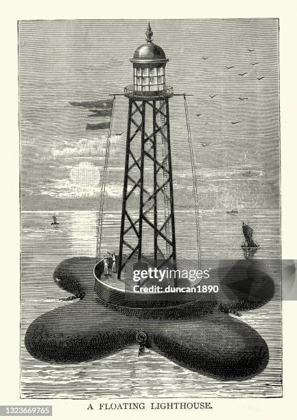 floating lighthouse, victorian 19th century - lighthouse beam stock illustrations