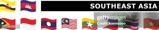 ilustraciones, imágenes clip art, dibujos animados e iconos de stock de establecer bandera ondulada sudeste asiático - bandera indonesia