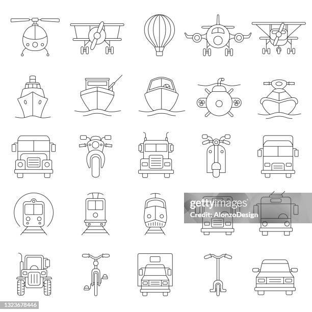 ilustrações, clipart, desenhos animados e ícones de conjunto de ícones da linha de transporte. editável stoke. - avião biplano