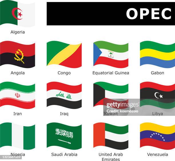 setzen gewellte flagge opec mit namen - saudi arabia flag stock-grafiken, -clipart, -cartoons und -symbole