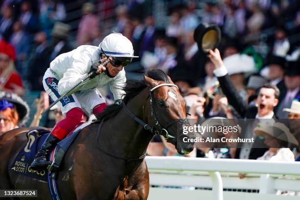 Frankie Dettori riding Palace Pier win The Queen Anne Stakes on day one of the Royal Ascot meeting at Ascot Racecourse on June 15, 2021 in Ascot,...