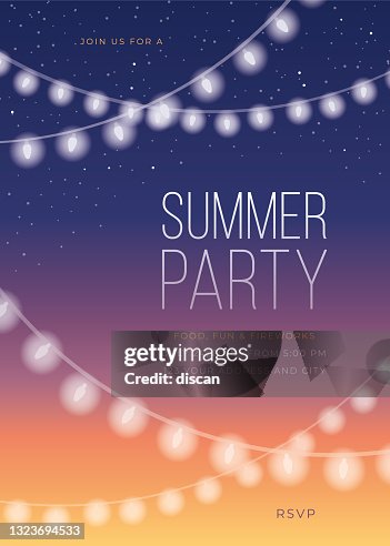 Plantilla de invitación de fiesta de verano con luces de cadena. Plantilla de invitación de fiesta de verano con luces de cadena.
