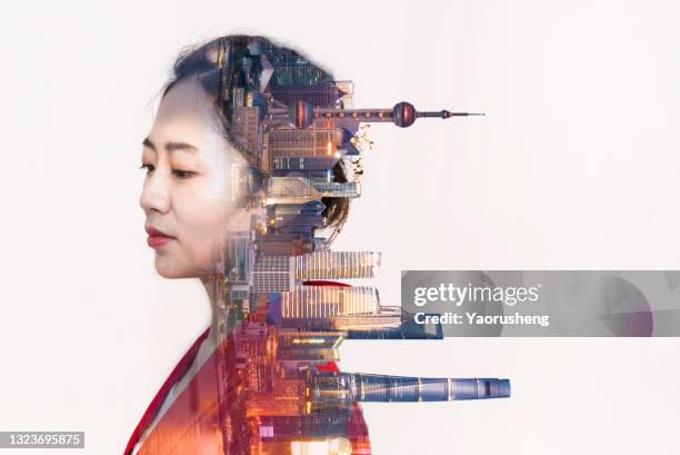 double exposure of a woman and cityscape  ,shanghai lujiazui buildings - double exposure portrait city stock-fotos und bilder