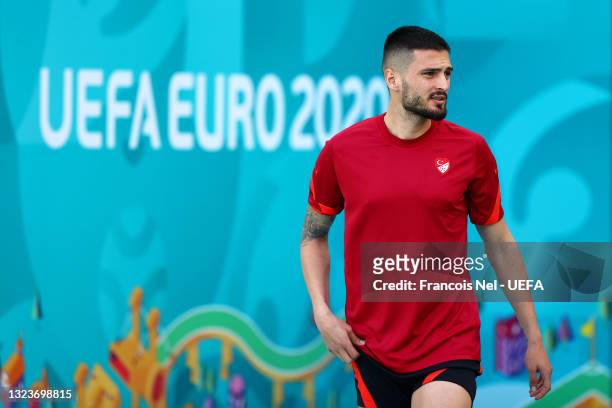 Okay Yokuslu of Turkey enters the pitch prior to the Turkey Training Session ahead of the UEFA Euro 2020 Group A match between Turkey and Wales at...