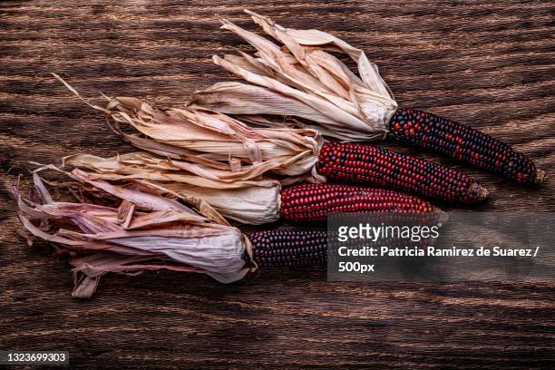 high angle view of corns on table - indian corn stock-fotos und bilder