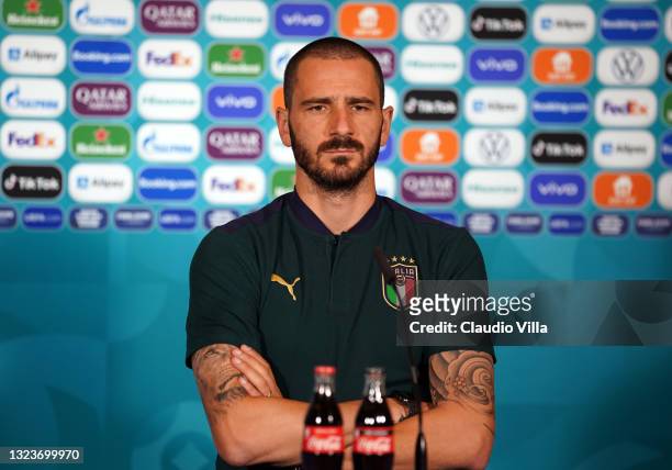 Leonardo Bonucci of Italy speaks with the media during the Italy Press Conference ahead of the UEFA Euro 2020 Group A match between Italy and...