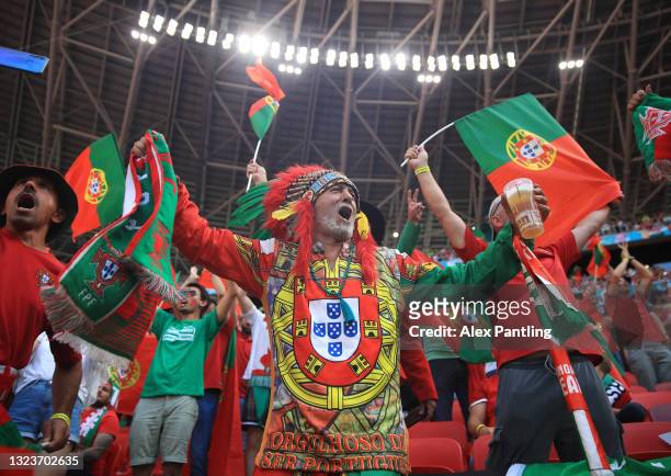 Portugal fan shows their support prior to the UEFA Euro 2020 Championship Group F match between Hungary and Portugal at Puskas Arena on June 15, 2021...