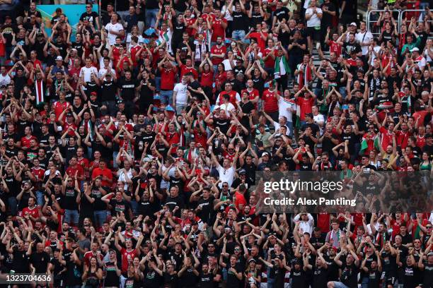 Hungary fans show their support prior to the UEFA Euro 2020 Championship Group F match between Hungary and Portugal at Puskas Arena on June 15, 2021...