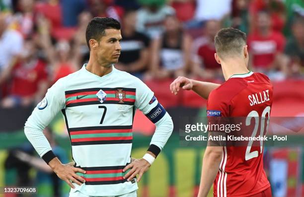 Cristiano Ronaldo of Portugal looks on prior to the UEFA Euro 2020 Championship Group F match between Hungary and Portugal at Puskas Arena on June...
