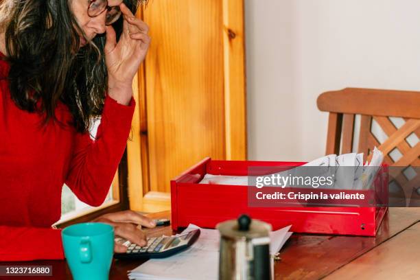 woman doing analyzing the accounting of her business quietly at home, rural house - red billed stock pictures, royalty-free photos & images