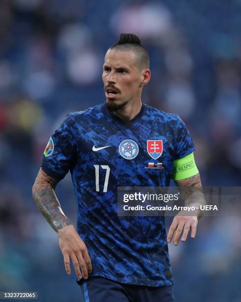 Marek Hamsik of Slovakia in action during the UEFA Euro 2020 Championship Group E match between Poland and Slovakia on June 14, 2021 in Saint...