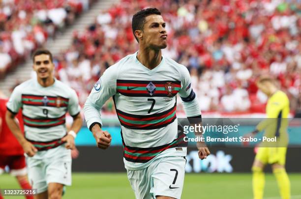 Cristiano Ronaldo of Portugal celebrates after scoring their side's second goal during the UEFA Euro 2020 Championship Group F match between Hungary...