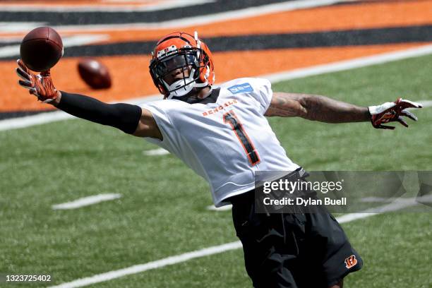 Ja'Marr Chase of the Cincinnati Bengals participates in a drill during Mandatory Minicamp on June 15, 2021 in Cincinnati, Ohio.