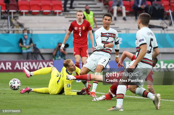 Cristiano Ronaldo of Portugal scores their side's third goal past Peter Gulacsi of Hungary during the UEFA Euro 2020 Championship Group F match...