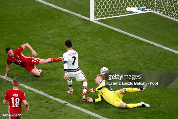 Cristiano Ronaldo of Portugal scores their side's third goal past Peter Gulacsi of Hungary during the UEFA Euro 2020 Championship Group F match...