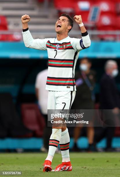 Cristiano Ronaldo of Portugal celebrates after victory in the UEFA Euro 2020 Championship Group F match between Hungary and Portugal at Puskas Arena...