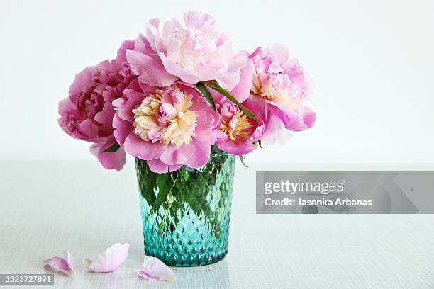 pink peonies in a  vase - peonies bouquet stock pictures, royalty-free photos & images