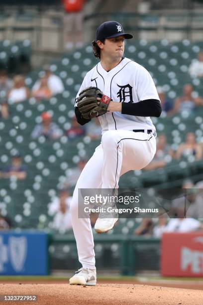Casey Mize of the Detroit Tigers throws a second inning pitch while playing the Seattle Mariners at Comerica Park on June 09, 2021 in Detroit,...