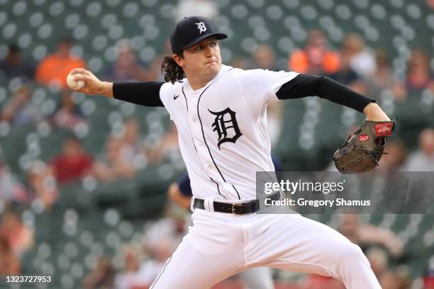 Casey Mize of the Detroit Tigers throws a second inning pitch while playing the Seattle Mariners at Comerica Park on June 09, 2021 in Detroit,...