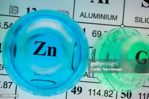 laboratory glassware with liquids on periodic table - lab flask imagens e fotografias de stock