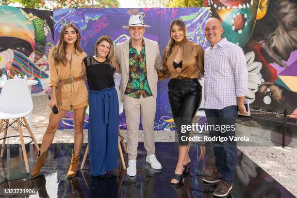 Alejandra Espinoza, Maria "Uji" Fulgueira, Marko, Migbelis Castellanos and Ulises Chang pose during Premios Juventud 2021 Nomination Day at Wynwood...