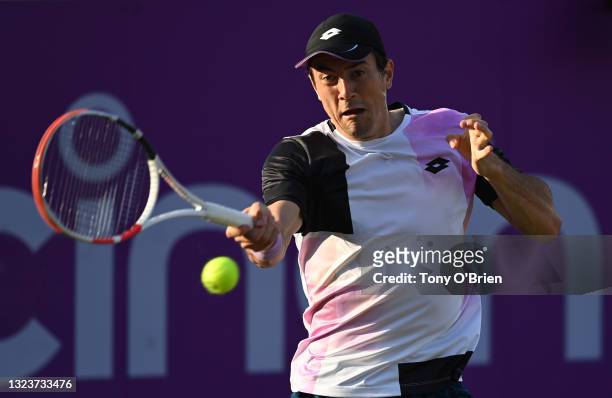Sebastian Ofner of Austria plays a forehand during his First Round match against Marin Čilić of Croatia during Day 2 of the cinch Championships at...