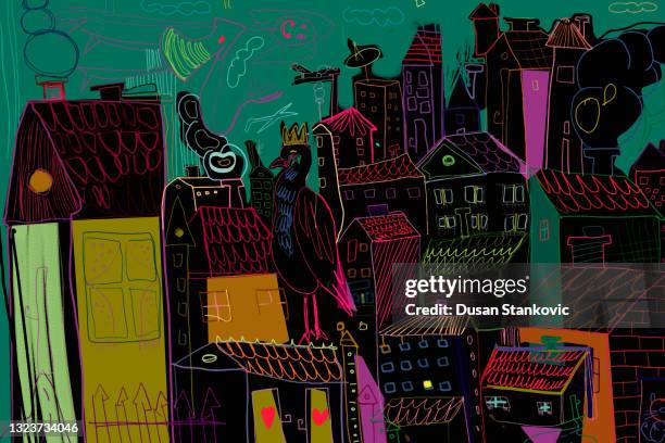 creative drawing of the city - kids art stock illustrations