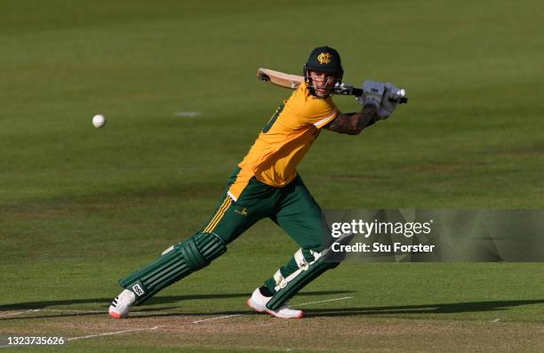 Notts batsman Alex Hales hits out during his 96 not out during the Vitality T20 Blast match between Durham Cricket and Notts Outlaws at Emirates...