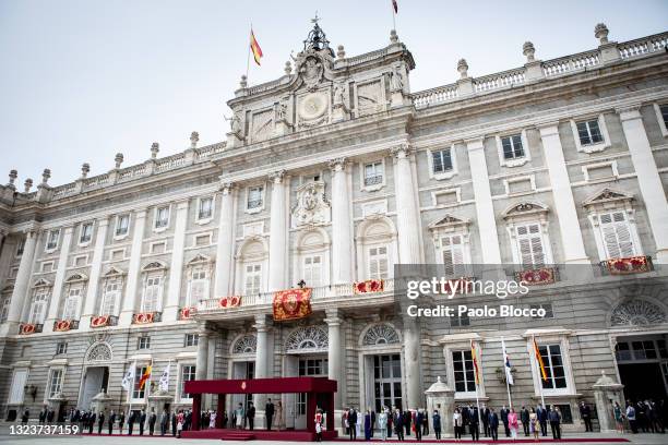 King Felipe VI of Spain and Queen Letizia of Spain receive South Korean President Moon Jae-in and Korean first lady Kim Jung-sook at the Royal Palace...