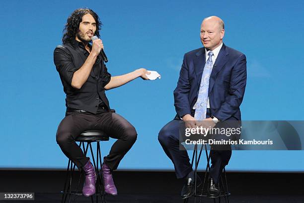 Actor/comedian Russell Brand and Dr. John Hagelin speak during the 2nd Annual "Change Begins Within" benefit celebration presented by the David Lynch...
