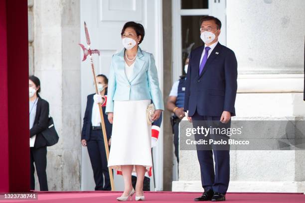 Spanish Royals receive South Korean President Moon Jae-in and Korean first lady Kim Jung-sook at the Royal Palace on June 15, 2021 in Madrid, Spain.