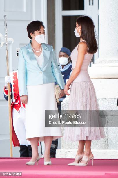 Queen Letizia of Spain receives South Korean first lady Kim Jung-sook at the Royal Palace on June 15, 2021 in Madrid, Spain.