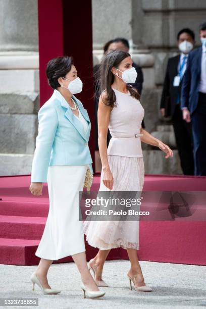 Queen Letizia of Spain receives South Korean first lady Kim Jung-sook at the Royal Palace on June 15, 2021 in Madrid, Spain.