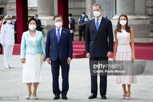 King Felipe VI of Spain and Queen Letizia of Spain receive South Korean President Moon Jae-in and Korean first lady Kim Jung-sook at the Royal Palace...
