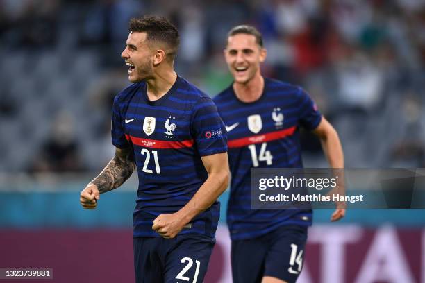 Lucas Hernandez of France celebrate their side's first goal, an own goal by Mats Hummels of Germany during the UEFA Euro 2020 Championship Group F...