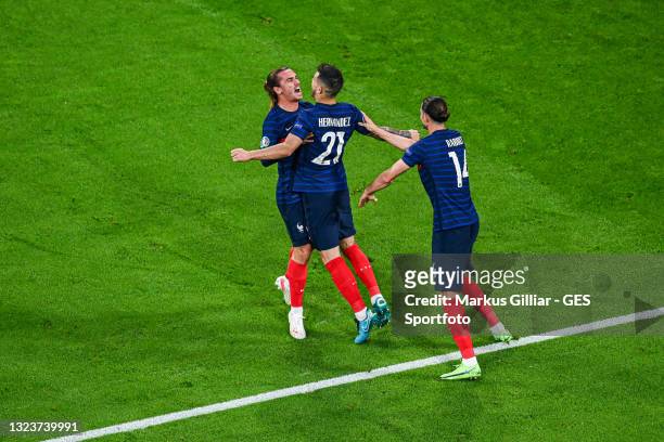 Antoine Griezmann , Lucas Hernandez and Adrien Rabiot of France celebrate their team's first goal during the UEFA Euro 2020 Championship Group F...