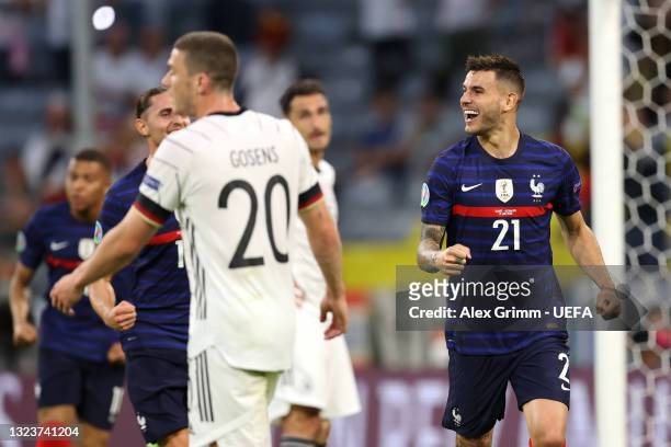 Lucas Hernandez of France celebrates their side's first goal, an own goal by Mats Hummels of Germany during the UEFA Euro 2020 Championship Group F...