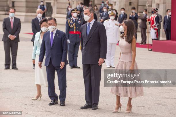 Their Majesties King Felipe and Queen Letizia receive the President of the Republic of Korea, Moon Jae-in, and his wife, Kim Jung-sook, with military...