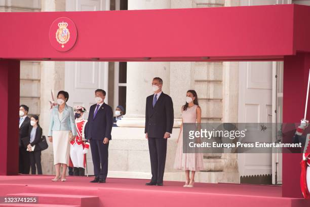 Their Majesties King Felipe and Queen Letizia receive the President of the Republic of Korea, Moon Jae-in, and his wife, Kim Jung-sook, with military...