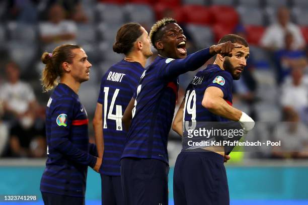 Paul Pogba of France celebrates their side's first goal, an own goal by Mats Hummels of Germany during the UEFA Euro 2020 Championship Group F match...