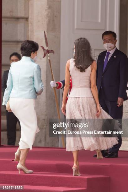 Their Majesties King Felipe and Queen Letizia receive the President of the Republic of Korea, Moon Jae-in, and his wife, Kim Jung-sook, with military...