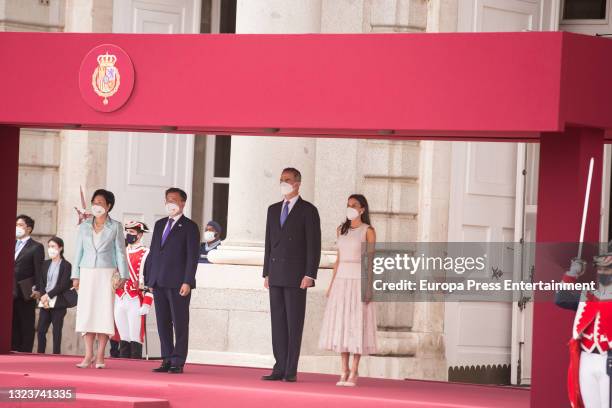 Their Majesties King Felipe and Queen Letizia receive the President of the Republic of Korea, Moon Jae-in, and his wife, Kim Jung-sook, with military...