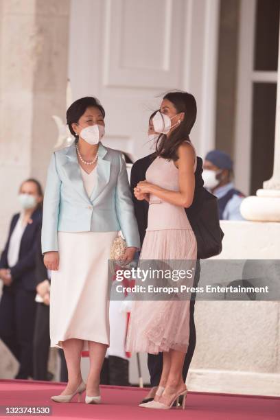 Their Majesties King Felipe and Queen Letizia receive the President of the Republic of Korea, Moon Jae-in, and his wife, Kim Jung-sook, with military...