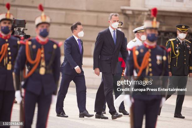 Their Majesties King Felipe and Queen Letizia receive the President of the Republic of Korea, Moon Jae-in, and his wife, Kim Jung-sook, with military...