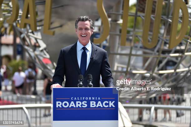 California Governor Gavin Newsom attends California Governor Gavin Newsom's press conference for the official reopening of the state of California at...